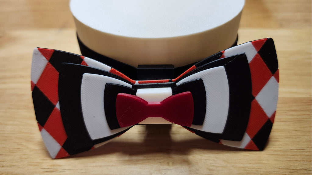 Necklace Adapter on a chocker with a Mini Bow Tie Base, Bow Tie Stack Brim and a Harlequin Back 