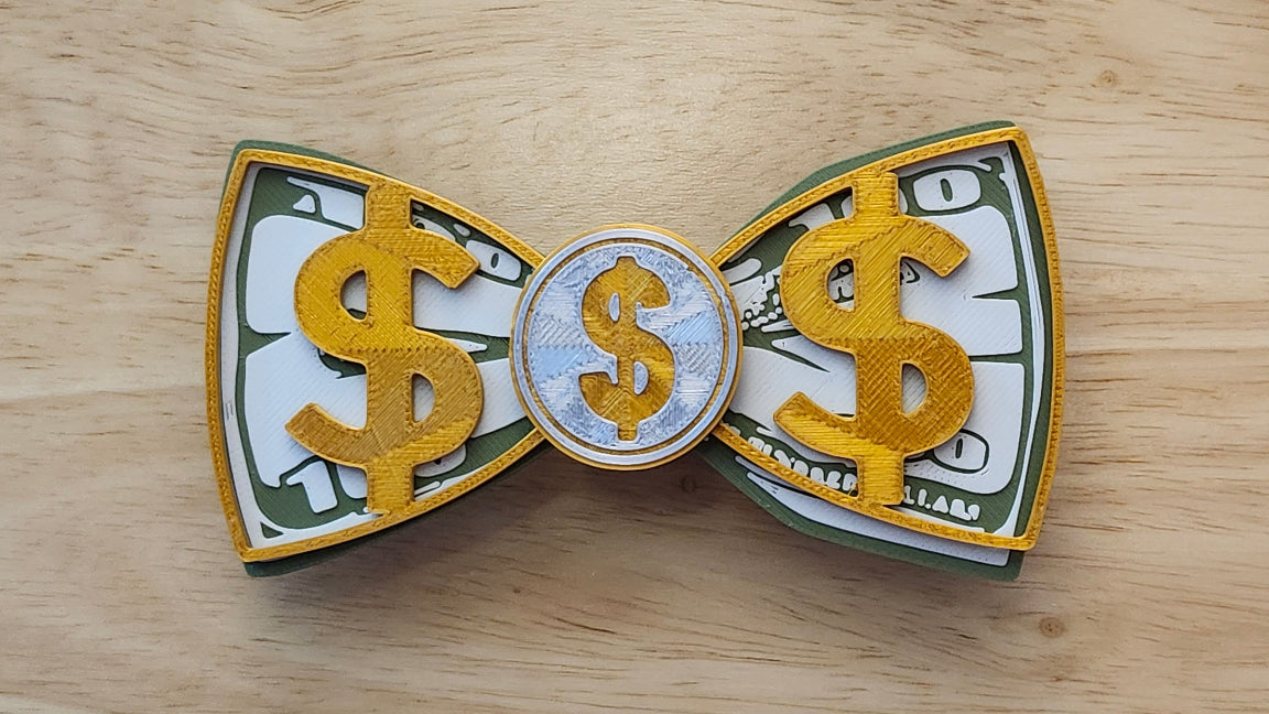 Money Bow Bundle including Coin Button Cover, 100 Dollar Bill Bow, Gold Money Bow. 3D printed for use as a bow tie, button cover, necklace, pin, hat pin, lapel pin and so much more. 