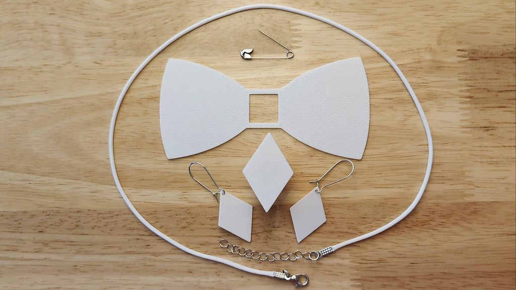 Bespoke It Yourself/Solid White Bow Bundle including Diamond Button Cover and Blank Bow, matching Diamond earrings, a safety pin and white necklace. 3D printed for use as a bow tie, button cover, necklace, pin, hat pin, lapel pin and so much more. 