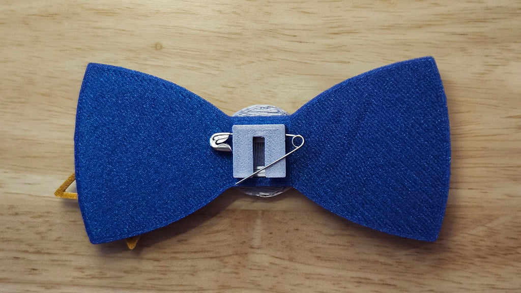 Starry Night Bow Bundle including Moon Button Cover, Diminishing  Stars Bow and Shooting Star Back reverse side shown to demonstrate how to turn it in to a pin with the included safety pin.  3D printed for use as a bow tie, button cover, necklace, pin, hat pin, lapel pin and so much more.