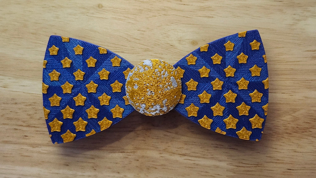 Starry Night Bow Bundle including Moon Button Cover with Diminishing  Stars Bow. 3D printed for use as a bow tie, button cover, necklace, pin, hat pin, lapel pin and so much more. 