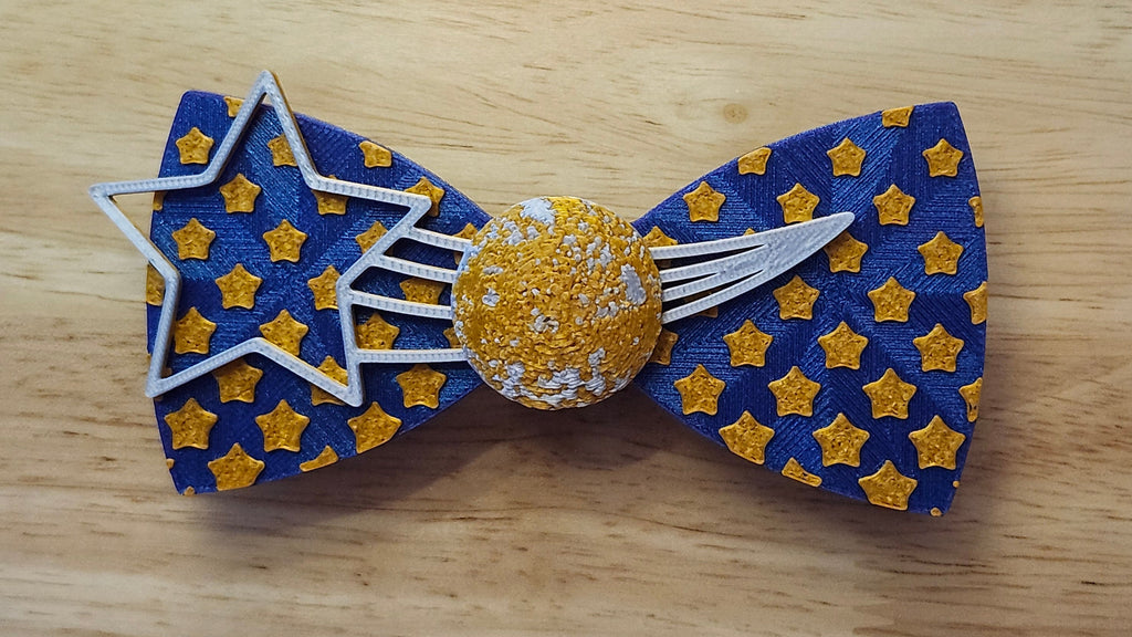 Starry Night Bow Bundle including Moon Button Cover, Diminishing  Stars Bow, and Shooting Star Back. 3D printed for use as a bow tie, button cover, necklace, pin, hat pin, lapel pin and so much more. 