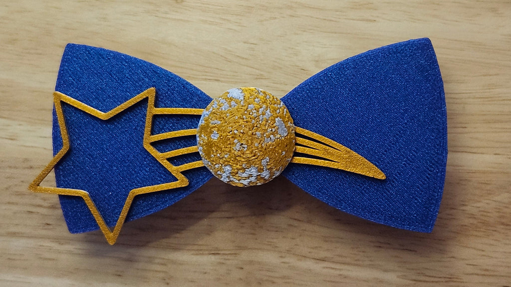 Starry Night Bow Bundle including Moon Button Cover, Diminishing  Stars Bow (reverse side shown) with Shooting Star Back. 3D printed for use as a bow tie, button cover, necklace, pin, hat pin, lapel pin and so much more.