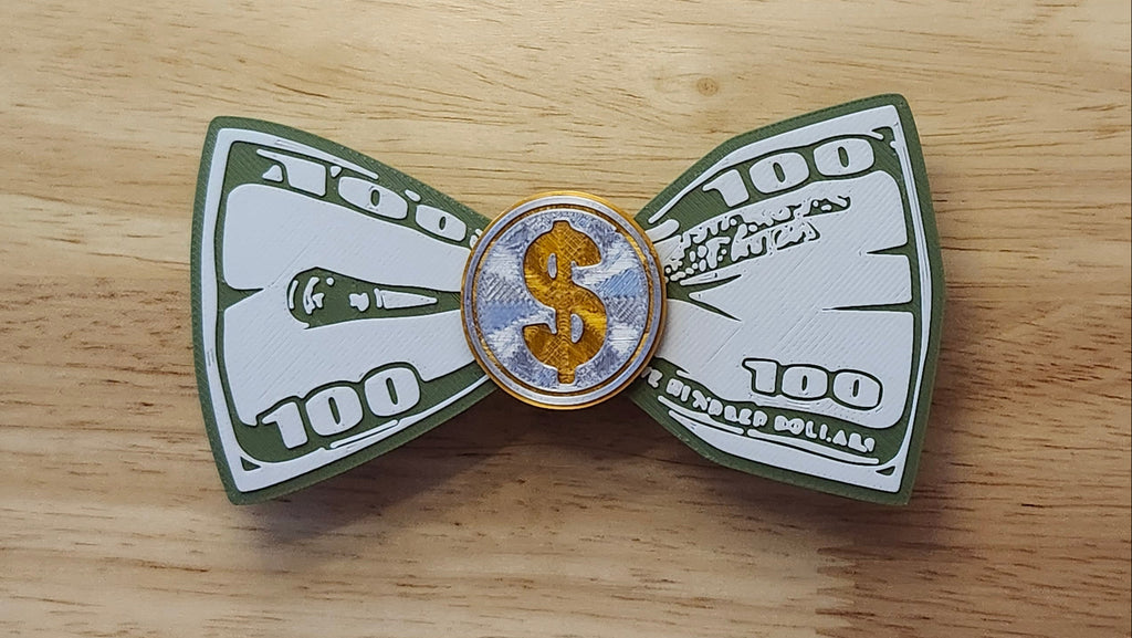 Money Bow Bundle including Coin Button Cover with 100 Dollar Bill Bow. 3D printed for use as a bow tie, button cover, necklace, pin, hat pin, lapel pin and so much more. 