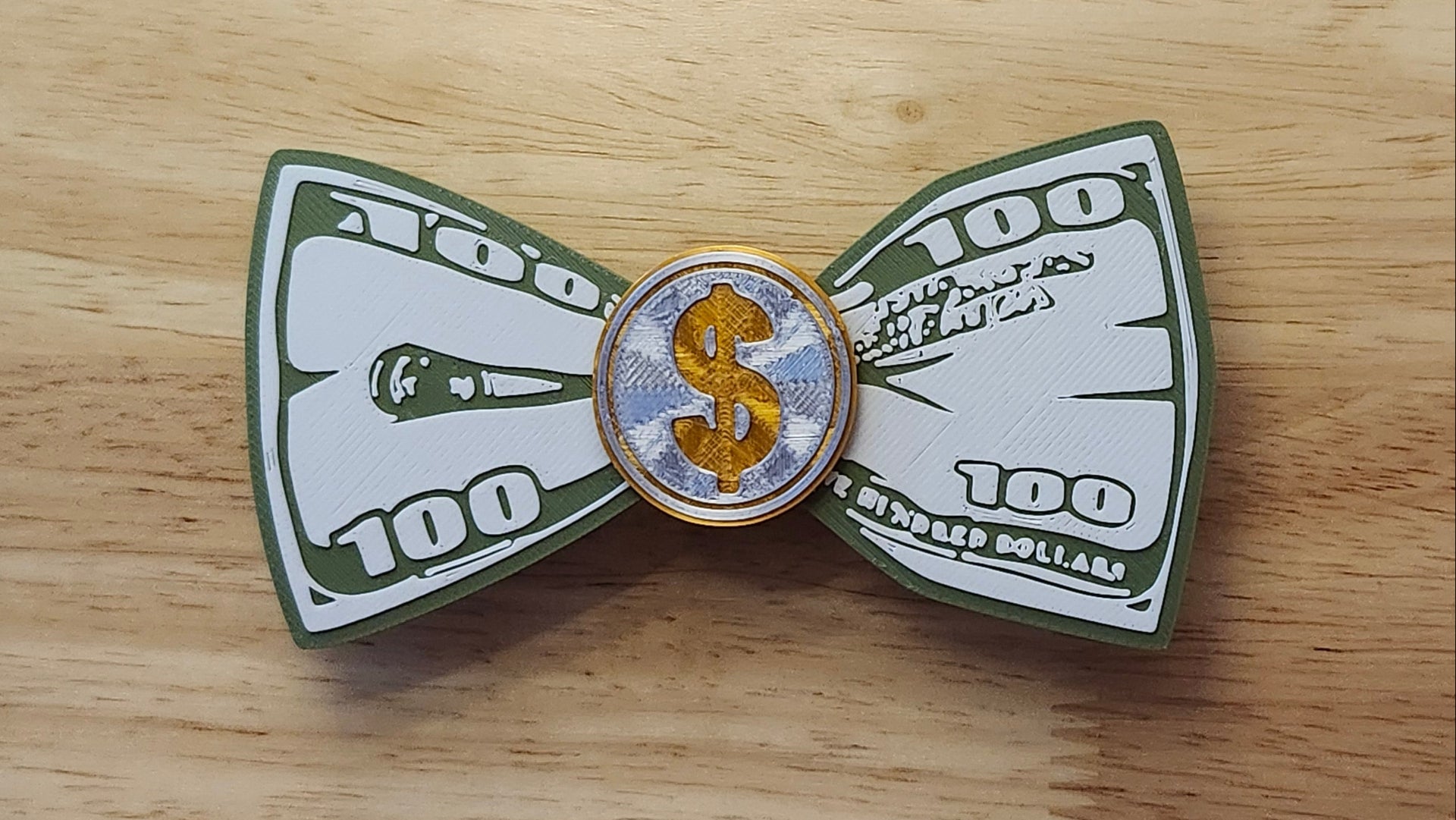 Money Bow Bundle including Coin Button Cover with 100 Dollar Bill Bow. 3D printed for use as a bow tie, button cover, necklace, pin, hat pin, lapel pin and so much more. 