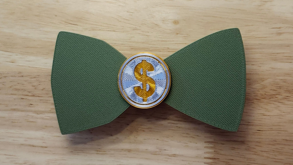 Money Bow Bundle including Coin Button Cover with 100 Dollar Bill Bow (reverse side shown). 3D printed for use as a bow tie, button cover, necklace, pin, hat pin, lapel pin and so much more. 