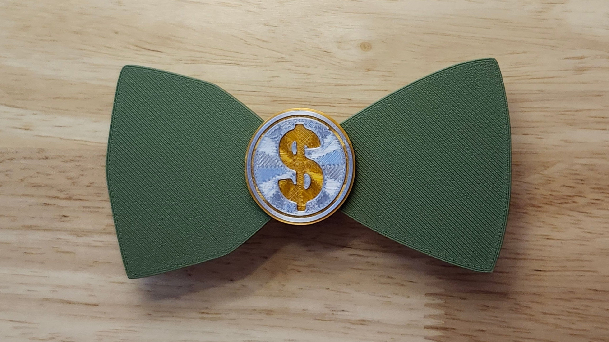 Money Bow Bundle including Coin Button Cover with 100 Dollar Bill Bow (reverse side shown). 3D printed for use as a bow tie, button cover, necklace, pin, hat pin, lapel pin and so much more. 