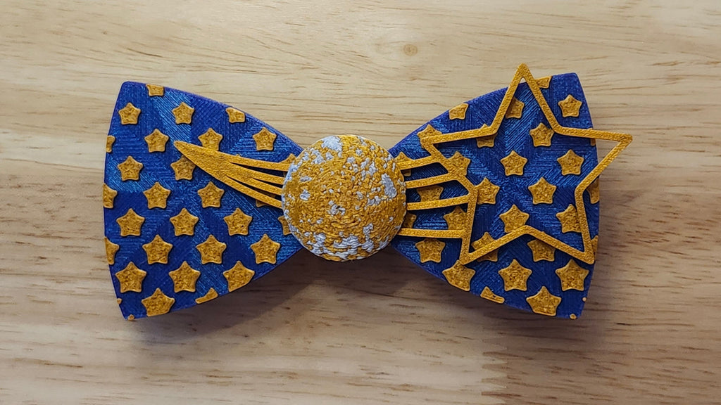 Starry Night Bow Bundle including Moon Button Cover, Diminishing  Stars Bow with Shooting Star Back. 3D printed for use as a bow tie, button cover, necklace, pin, hat pin, lapel pin and so much more. 