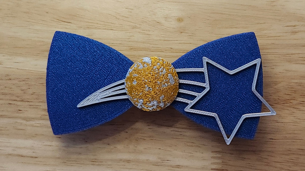 Starry Night Bow Bundle including Moon Button Cover, Diminishing  Stars Bow (reverse side shown) with Shooting Star Back. 3D printed for use as a bow tie, button cover, necklace, pin, hat pin, lapel pin and so much more. 