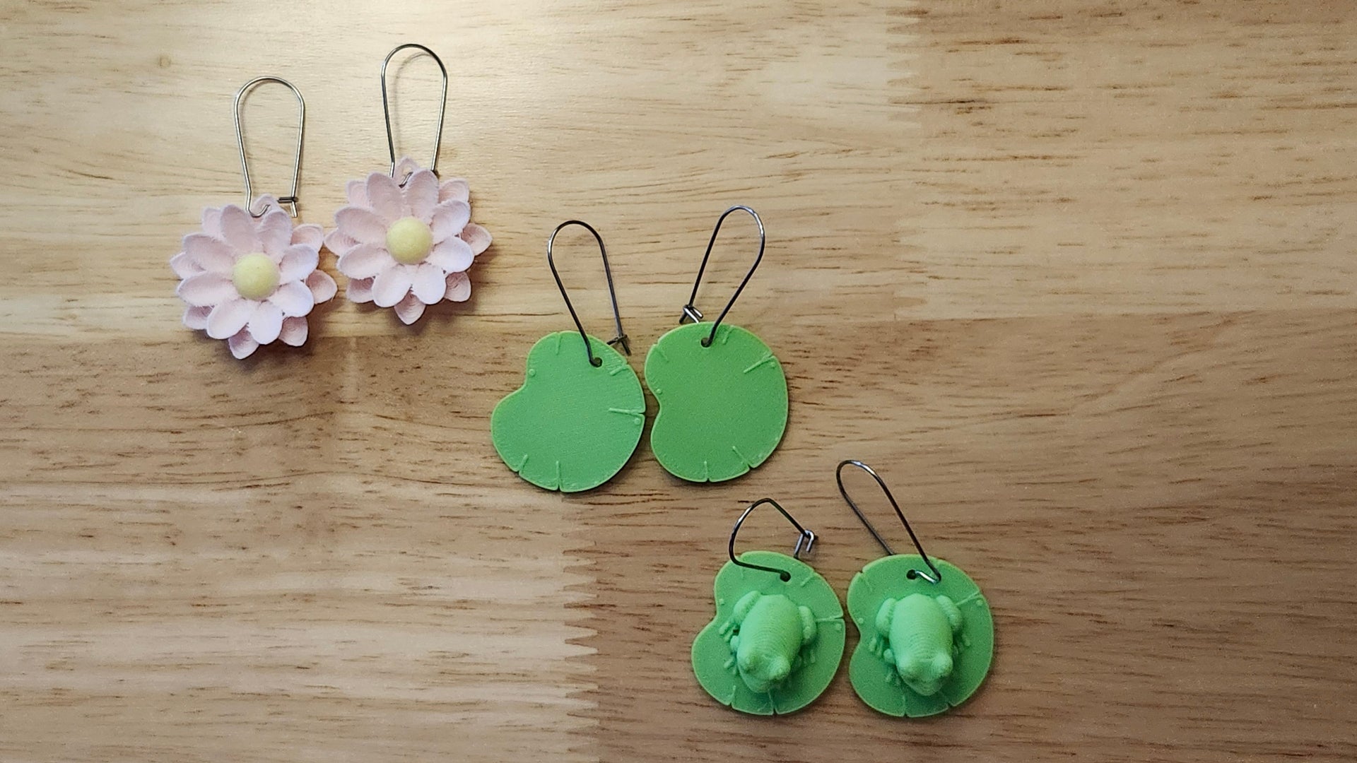 matching Frog on Lily Pad, Lotus Flower and Lily Pad 3D printed earrings