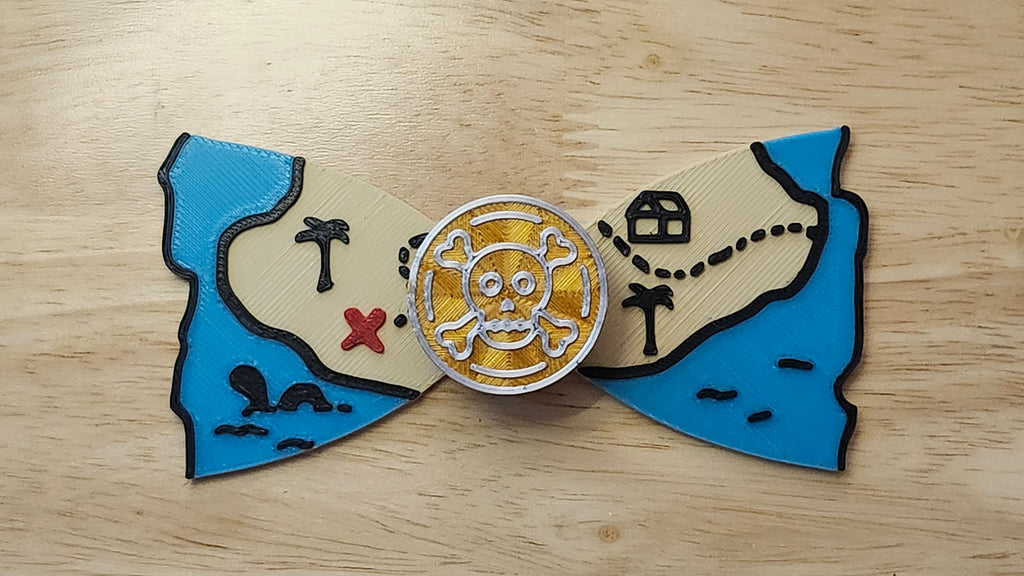 Doubloon Button Cover with Treasure Map Bow. 3D printed for use as a bow tie, button cover, necklace, pin, hat pin, lapel pin and so much more.