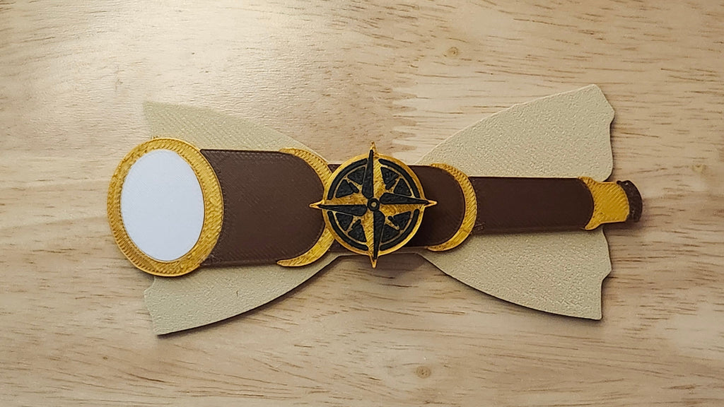 Compass Button Cover with Treasure Map Bow (reverse side shown) and Spyglass Back. 3D printed for use as a bow tie, button cover, necklace, pin, hat pin, lapel pin and so much more.
